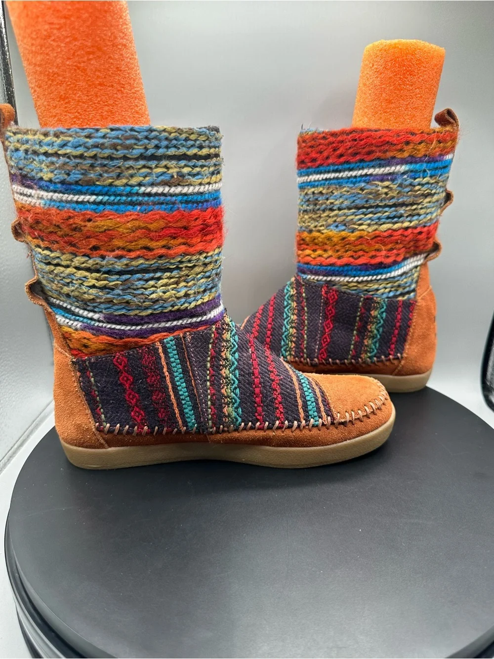 Toms Nepal Suede Woven Yarn Mid Boots Women 6 Brown Boho Stripe